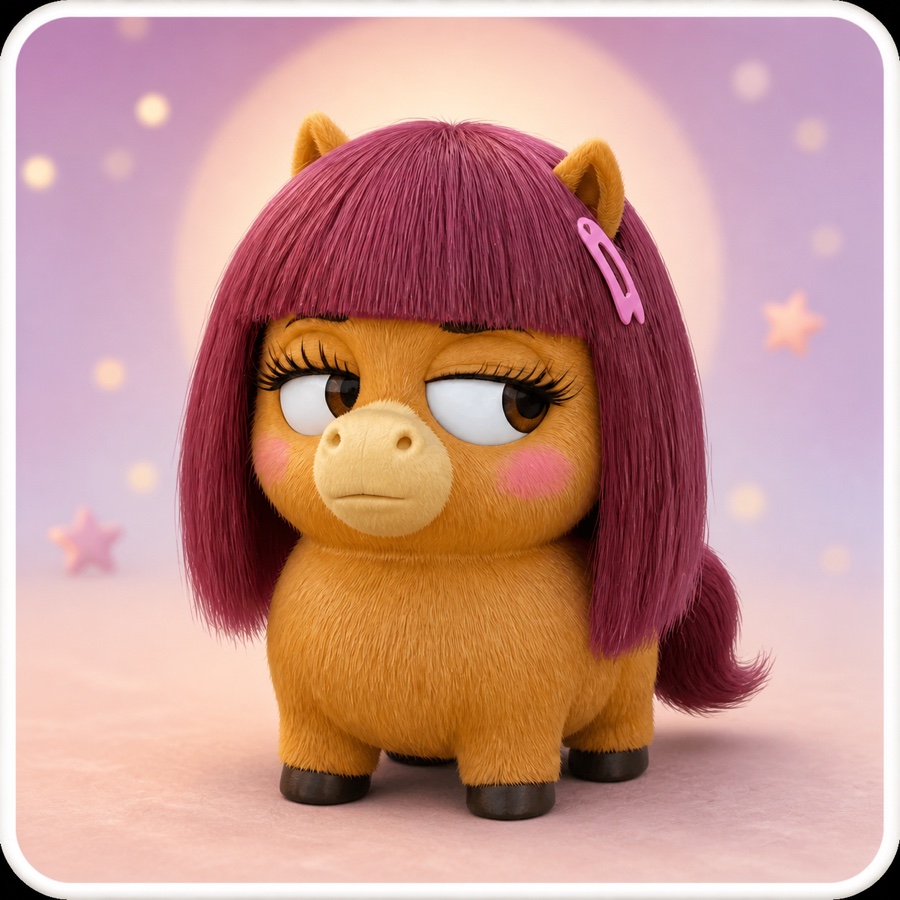 Ponina, a tiny caramel pony with a burgundy bob and a judgmental side-eye